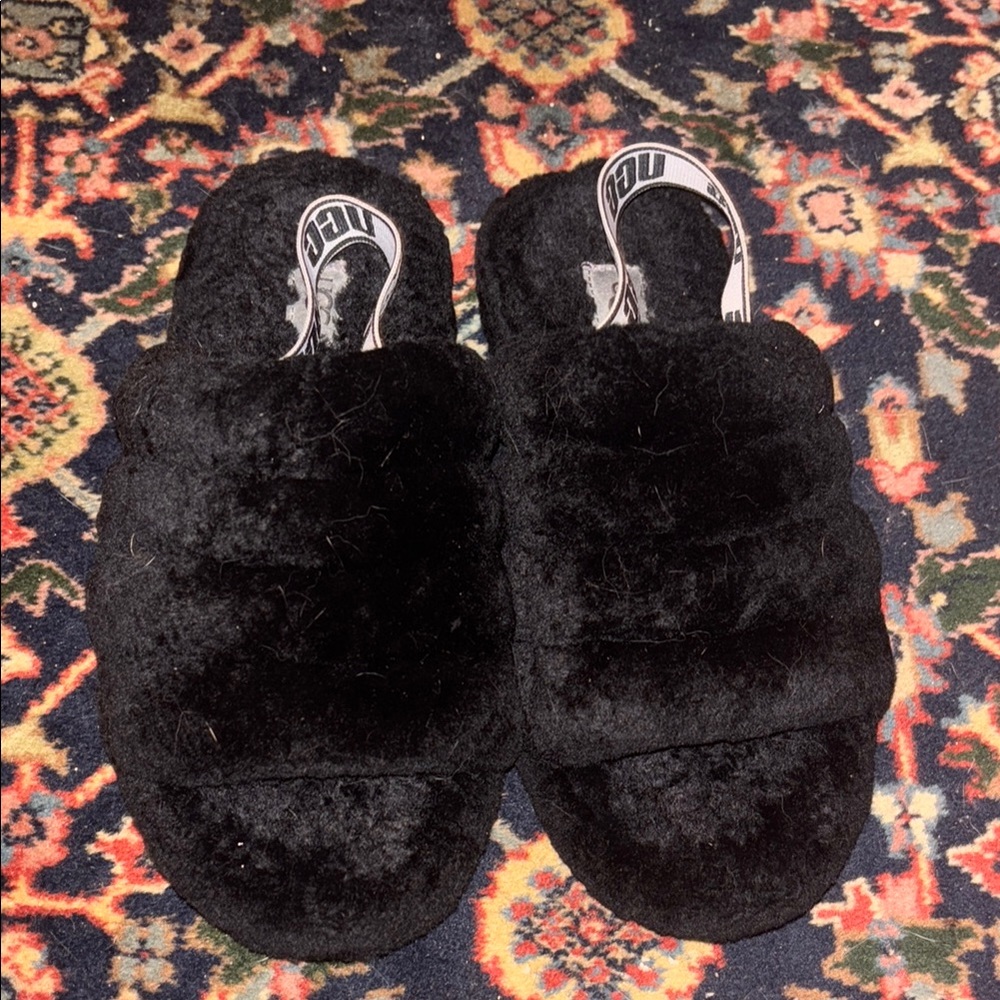 UGG Black Fluffy Slippers